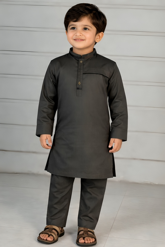 Boys Premium Cotton Kurta Pajama Set – Ethnic Festive Wear for Kids ( Black silver)