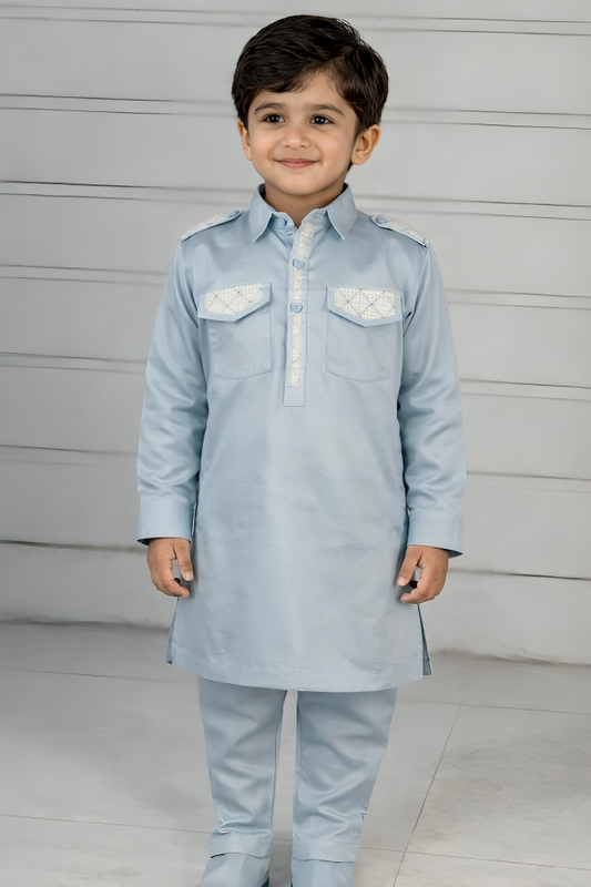 Boys Premium Cotton Kurta Pajama Set – Ethnic Festive Wear for Kids (SKY BLUE)