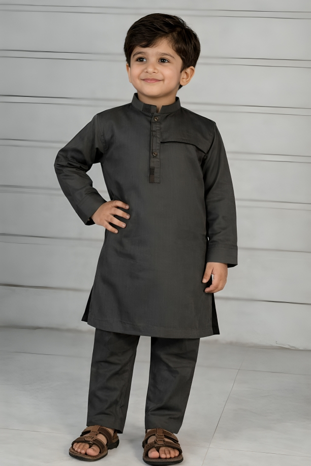 Boys Premium Cotton Kurta Pajama Set – Ethnic Festive Wear for Kids ( Black silver)