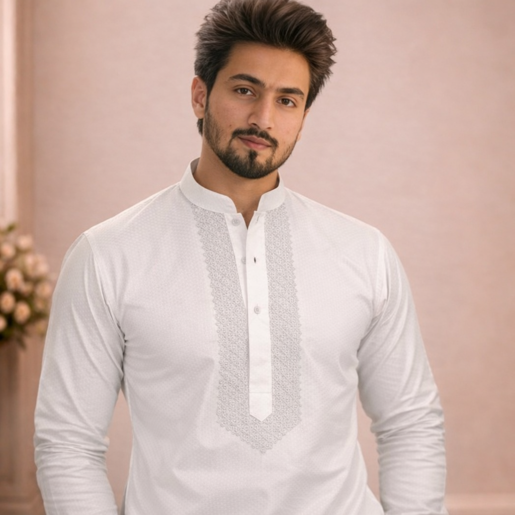 Noor White Pasha Embroidered Designer Luxury Kurta Set For Mens