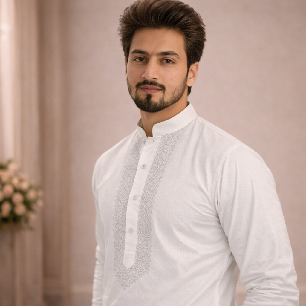 Noor White Pasha Embroidered Designer Luxury Kurta Set For Mens