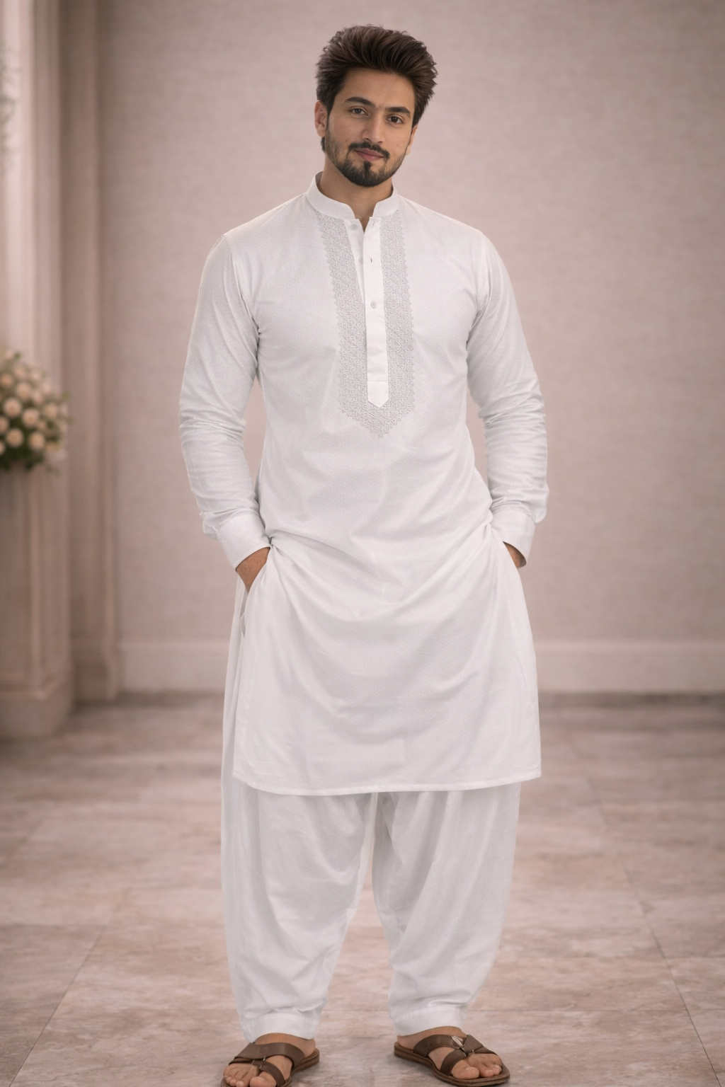 Noor White Pasha Embroidered Designer Luxury Kurta Set For Mens