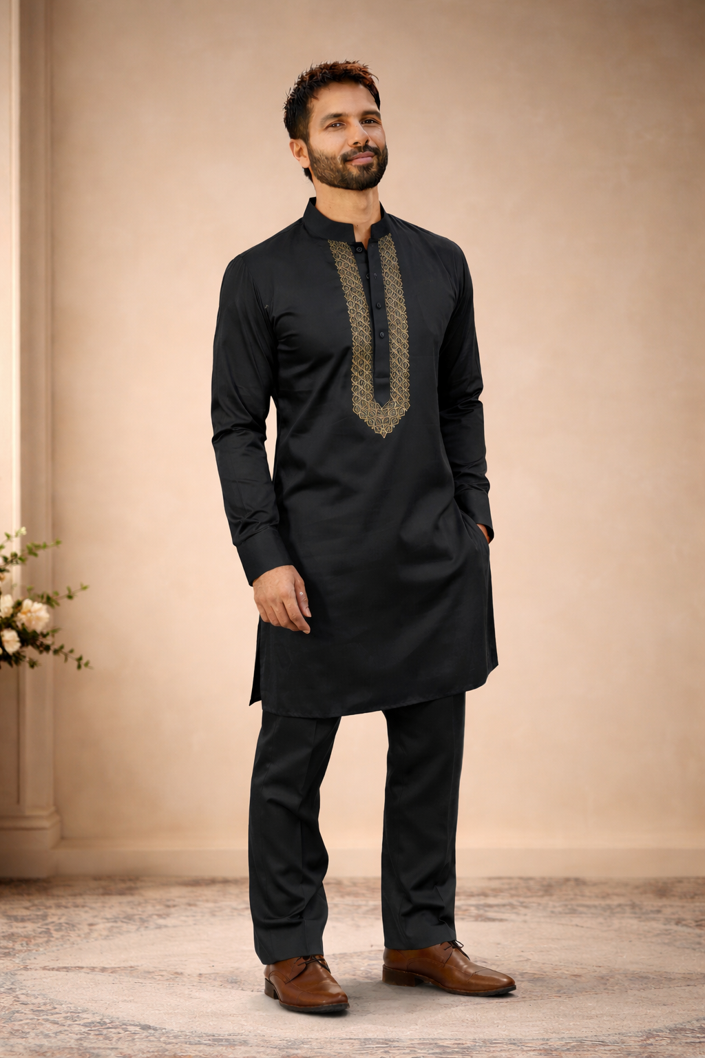 Royal Black Designer Luxury Embroidered Kurta Set For Mens