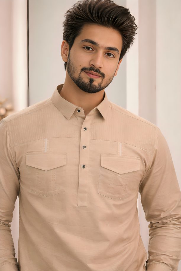 Beige Stylish Luxury Pathani Kurta Pajama set