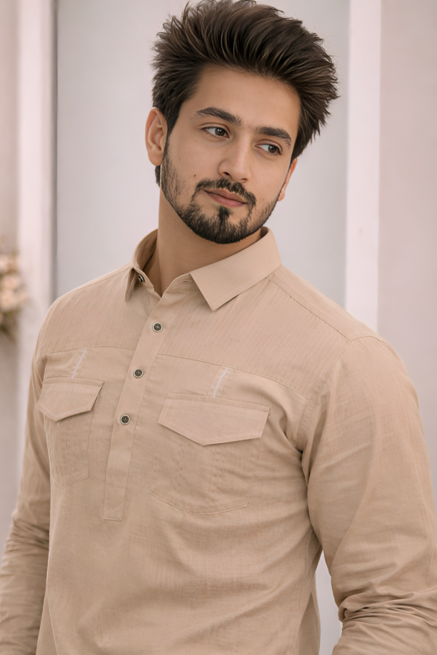 Beige Stylish Luxury Pathani Kurta Pajama set