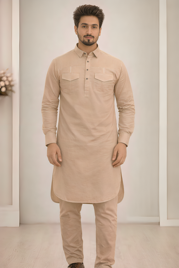 Beige Stylish Luxury Pathani Kurta Pajama set