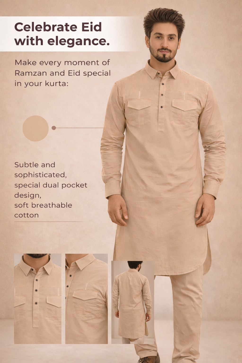 Beige Stylish Luxury Pathani Kurta Pajama set