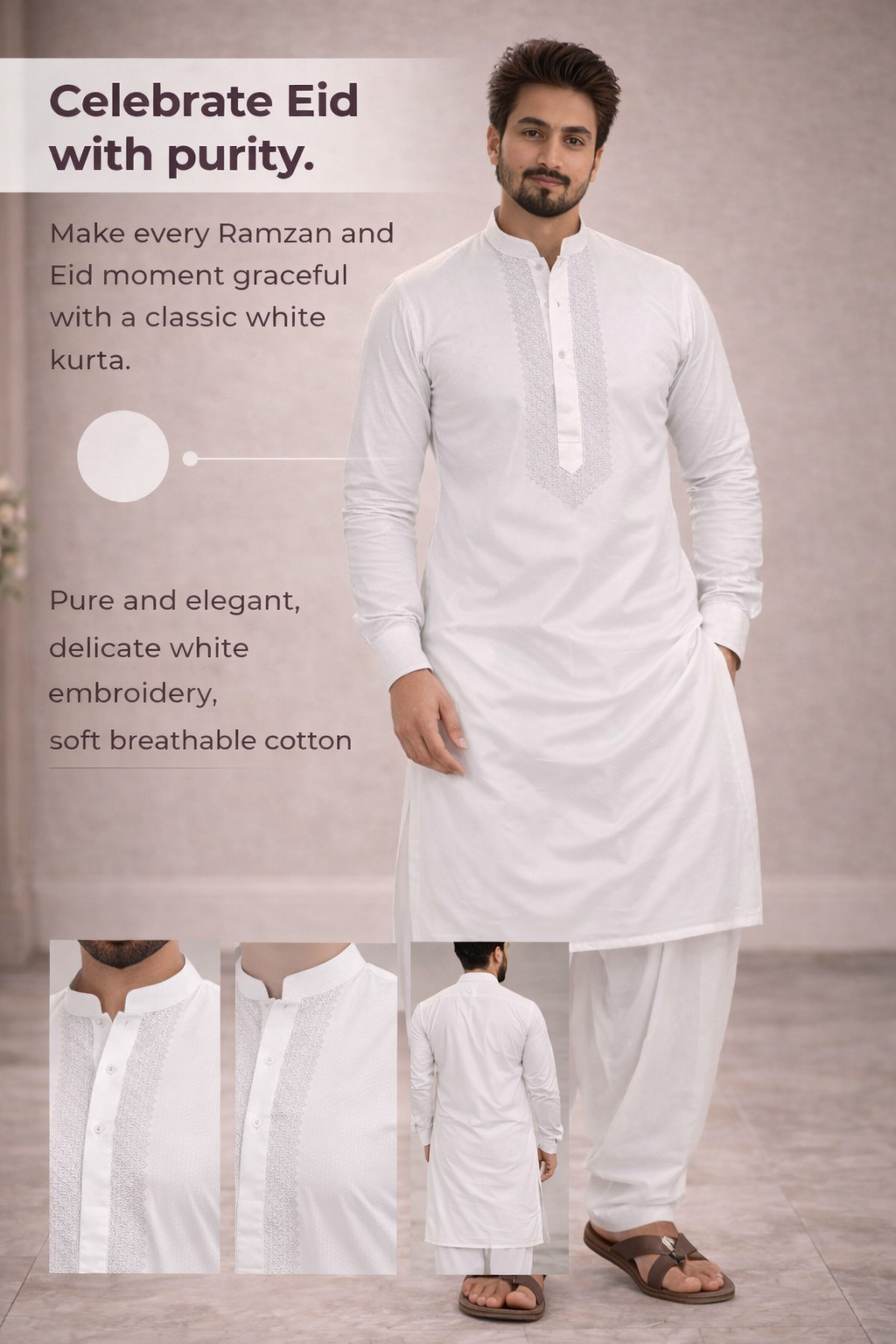 Noor White Pasha Embroidered Designer Luxury Kurta Set For Mens