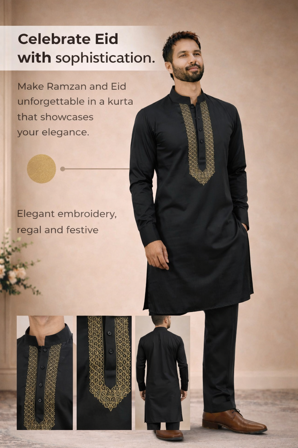 Royal Black Designer Luxury Embroidered Kurta Set For Mens