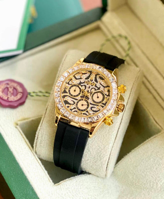 Golden Color Case Chronograph Men's Watch, Quartz Watch With Diamond
