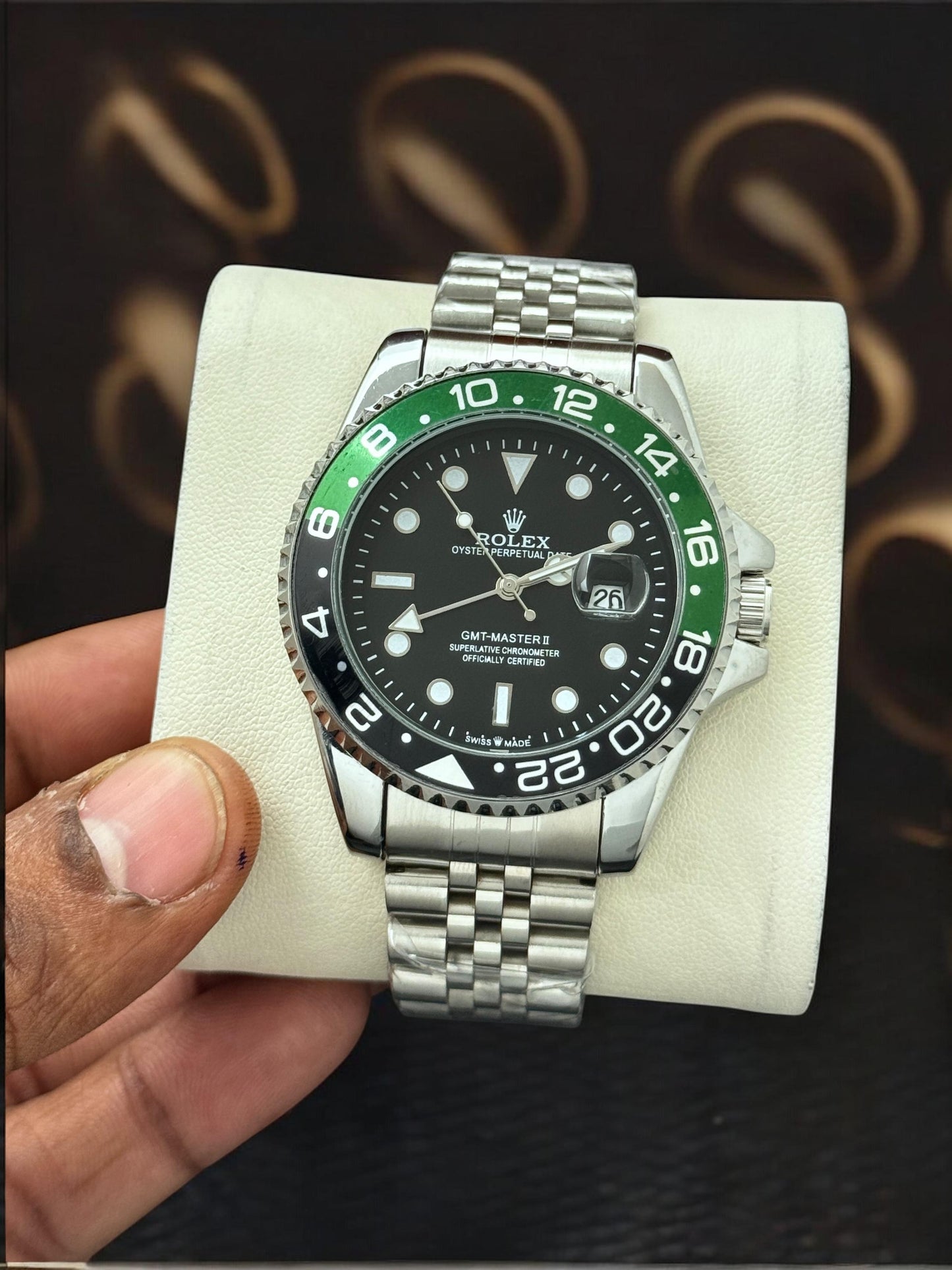Multi Color Watch With Green Dial Stainless Steel Strap For Men, Quartz Movement