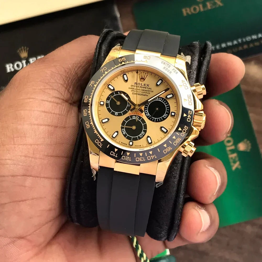 Cosmograph Yellow Gold Color Dial Ring Bezel Daytona Chronograph Quartz Chronometer Men's Watch